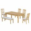 TREXM 6-Piece Retro 72'L Rectangular Dining Table Set with 4 Drawers, 4 Upholstered Chairs & 1 Bench for Dining Room (Natural Wood Wash)