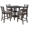 TREXM 5-Piece Wooden Counter Height Dining Set with Padded Chairs and Storage Shelving (Espresso)